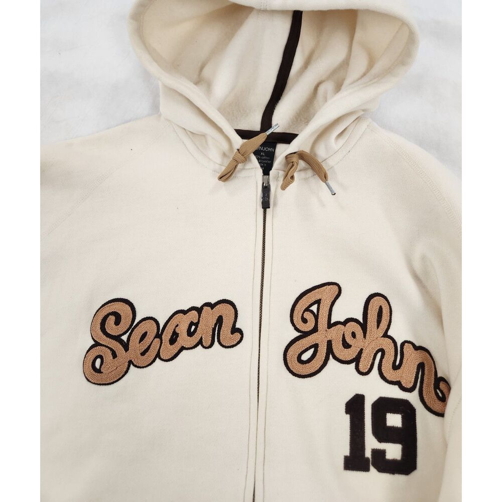 Sean John Vintage Y2K Spellout Zip Up Hoodie Size XL Cream Brown Y2K Streetwear